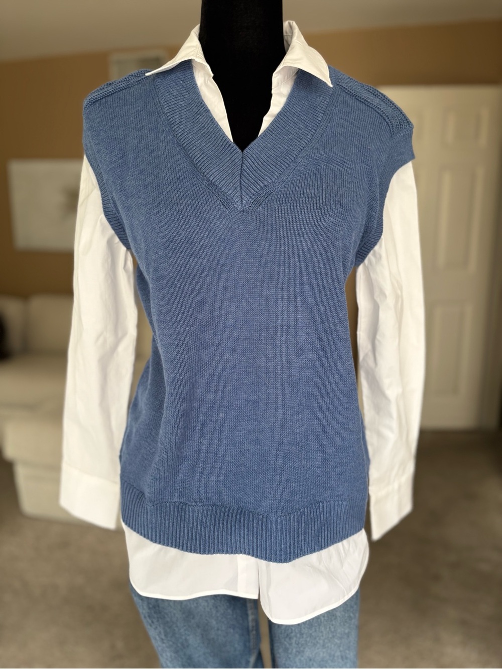 Woman’s Charter Club Blue V-Neck Knit Sweater Vest with built in shirt